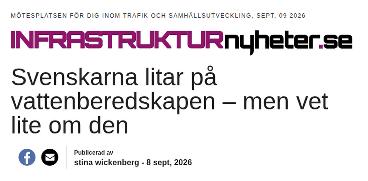Faksimil av Infrastrukturnyheters artikel om undersökningen Svenskarna och vattnet