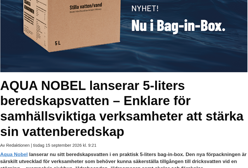 Faksimil av Grönt Samhällsbyggandes artikel om Aqua Nobels 5-liters beredskapsvatten i Bag-in-Box
